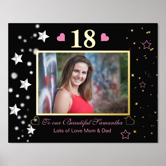 18誕生日ブラック金ゴールドお祝い写真 箔ポスター (正面)