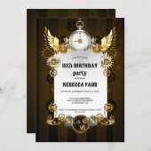 18誕生日ブラック金ゴールドスチームパンクウォッチギア 招待状 (正面/裏面)