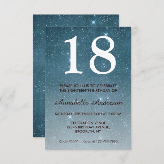 18誕生日ブルーミッドナイトスカイスタースパークル 招待状 (正面/裏面)
