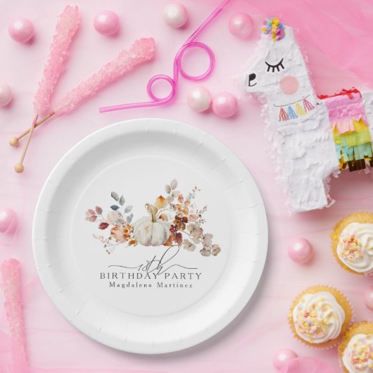 18誕生日ホワイトカボチャ秋花カスタム咲き ペーパープレート (パーティー)