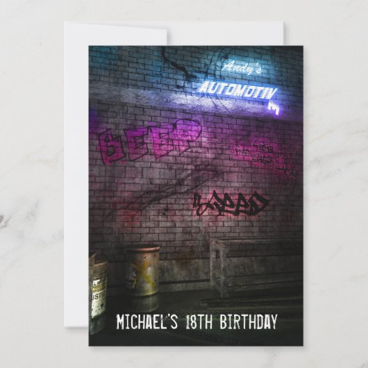 18誕生日ボーイズメンズアーバン通りアートグランジ 招待状 (正面)