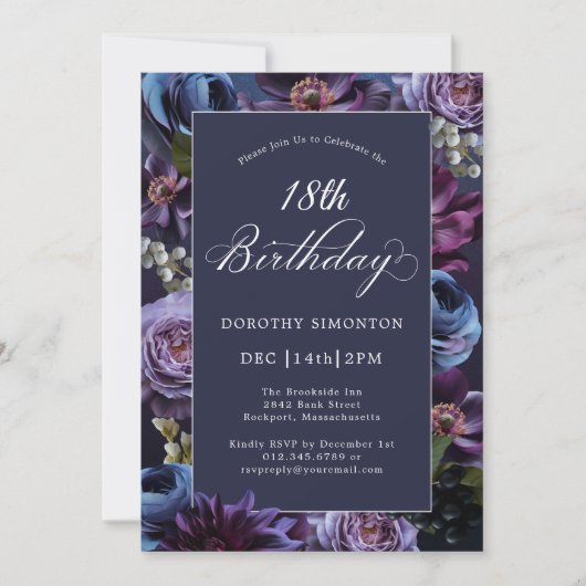 18誕生日ムーディパープルフラワー招待状 招待状 (正面)