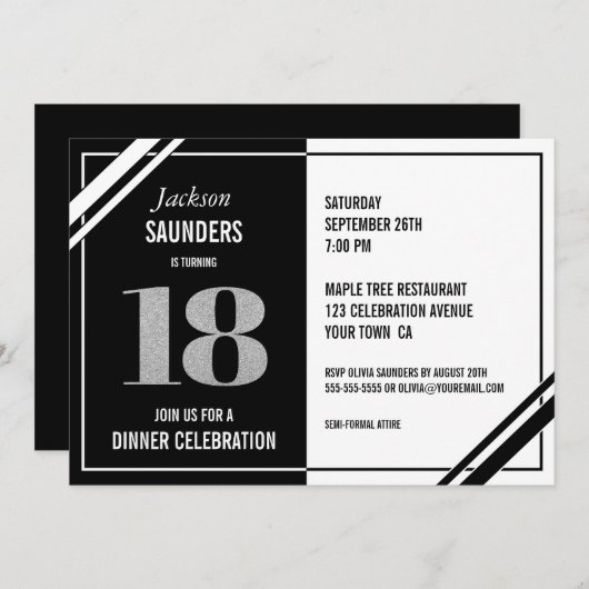 18誕生日モダン白黒ディナーパーティー 招待状 (正面/裏面)