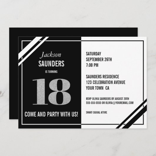 18誕生日モダン白黒パーティー 招待状 (正面/裏面)