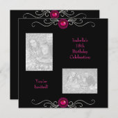 18誕生日写真黒銀ピンクジュエルトリム 招待状 (正面/裏面)