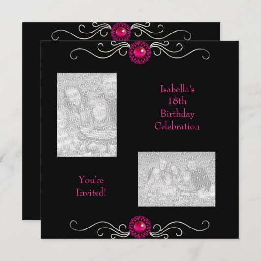 18誕生日写真黒銀ピンクジュエルトリム 招待状 (正面/裏面)