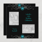 18誕生日写真黒銀緑ブルー玉 招待状 (正面/裏面)