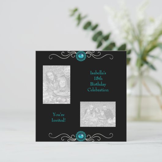 18誕生日写真黒銀緑ブルー玉 招待状 (スタンド正面)