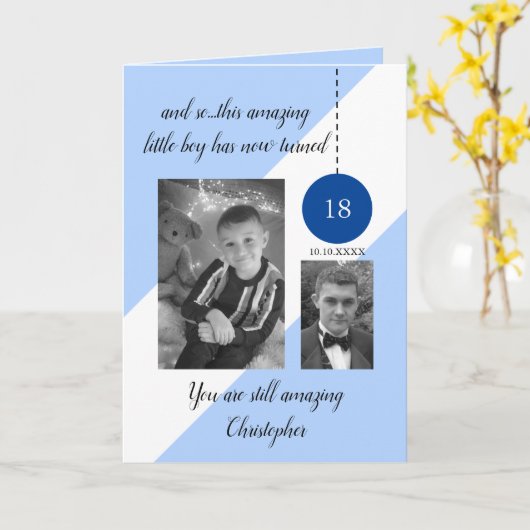 18誕生日名date blue white photo カード (黄色い花)