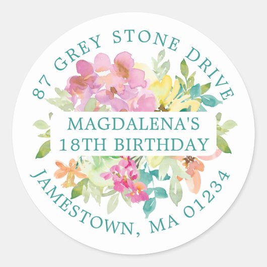 18誕生日夏フローラ差出人住所ラベル ラウンドシール (正面)
