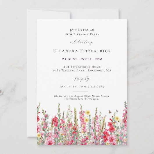 18誕生日威厳がある誕生月花グラジオラス 招待状 (正面)