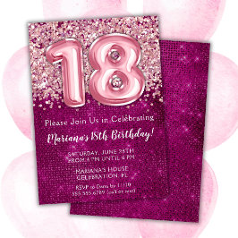 18誕生日招待状ガールマゼンタピンクグリッター 招待状