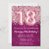18誕生日招待状ガールマゼンタピンクグリッター 招待状 (正面)