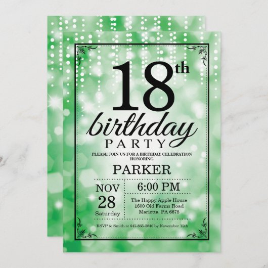 18誕生日招待状グリーングリッター 招待状 (正面/裏面)