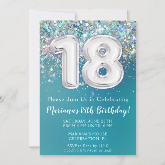 18誕生日招待状ティール(緑がかった色)銀グリッター 招待状 (正面)