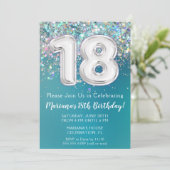 18誕生日招待状ティール(緑がかった色)銀グリッター 招待状 (スタンド正面)