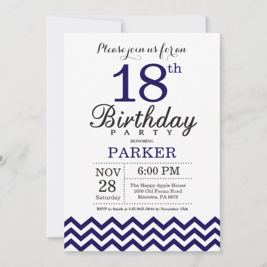 18誕生日招待状ネイビーブルーシェブロン 招待状 (正面)