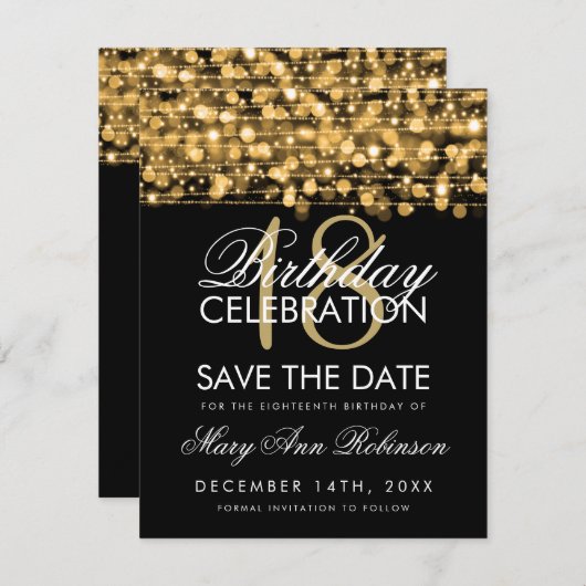 18誕生日日付の保存パーティーが金ゴールドを点滅 セーブザデート (正面/裏面)