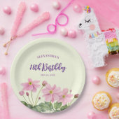 18誕生日水彩ピンクアネモ日本のネ ペーパープレート (パーティー)