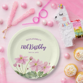 18誕生日水彩ピンクアネモ日本のネ ペーパープレート