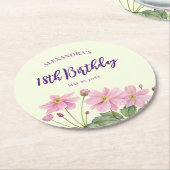 18誕生日水彩ピンクアネモ日本のネ ラウンドペーパーコースター (アングル)