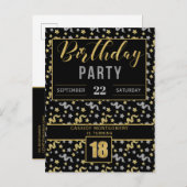 18誕生日紙吹雪入力ブラックおよび金ゴールド インビテーションポストカード (正面/裏面)