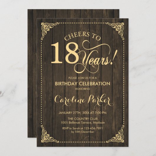 18誕生日素朴 – 木材金ゴールド 招待状 (正面/裏面)