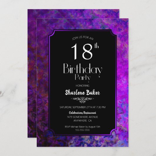 18誕生日紫と黒のパーティー 招待状 (正面/裏面)