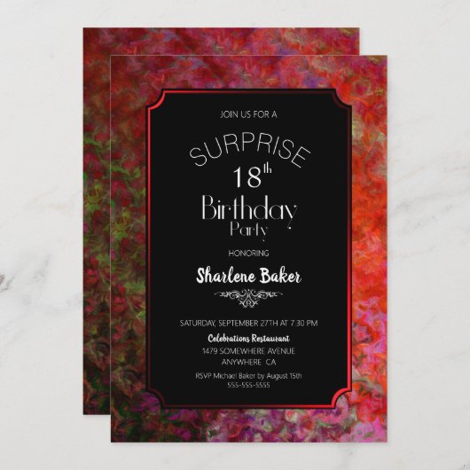 18誕生日赤と黒のサプライズパーティー 招待状 (正面/裏面)