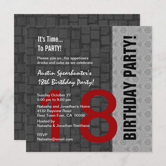 18誕生日赤モダン銀色黒D417 招待状 (正面/裏面)