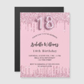 18誕生日赤面ピンクグリッタードリップラグジュアリー マグネット招待状 (正面/裏面)