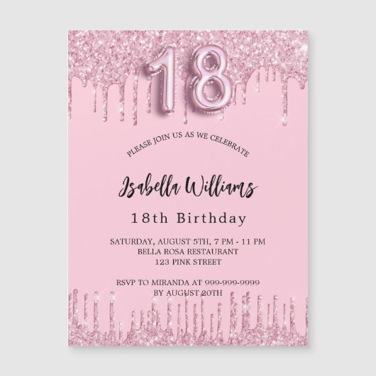 18誕生日赤面ピンクグリッタードリップラグジュアリー マグネット招待状 (正面)