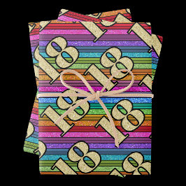 18誕生日金ゴールドナンバーズレインボーストライプグリッター ラッピングペーパーシート