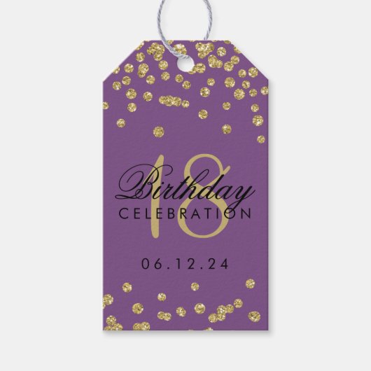 18誕生日金ゴールドフェイクグリッター紙吹雪紫 ギフトタグ (正面)