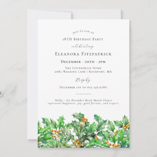18誕生日12月誕生月フラワーホリー 招待状 (正面)