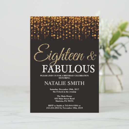 18誕生日18アンドファブラス金ゴールドグリッター 招待状 (スタンド正面)