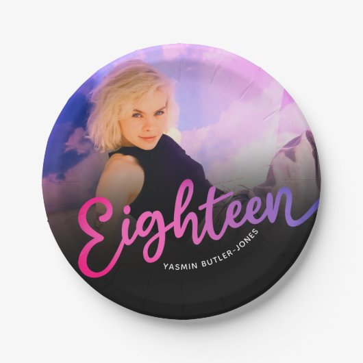 18誕生日18枚フォトパープルピンクブラック ペーパープレート (正面)