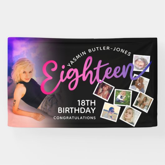 18誕生日18枚フォトパープルピンクブラック 横断幕 (横)