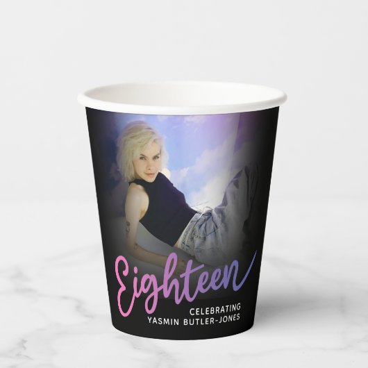 18誕生日18 photo script pink purple 紙コップ (正面)