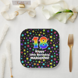 18誕生日:おもしろいスター柄と虹"18" ペーパープレート
