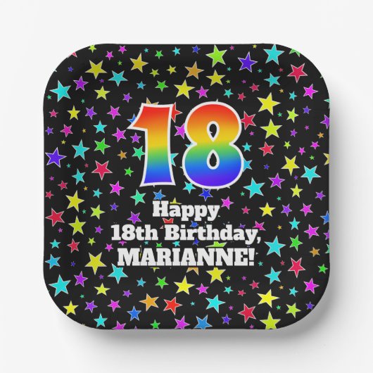 18誕生日:おもしろいスター柄と虹"18" ペーパープレート (正面)