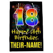 18誕生日:おもしろい花火パターン+虹18 ミディアムペーパーバッグ (正面)