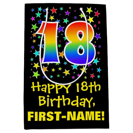 18誕生日:カラフルスターズパターン&レインボー18 ミディアムペーパーバッグ (正面)