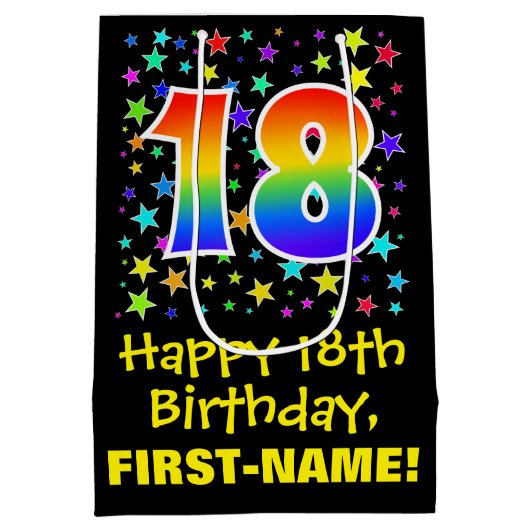 18誕生日:カラフルスターズパターン&レインボー18 ミディアムペーパーバッグ (裏面)