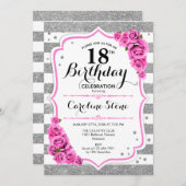 18誕生日 – シルバーホワイトストライプローズピンク 招待状 (正面/裏面)