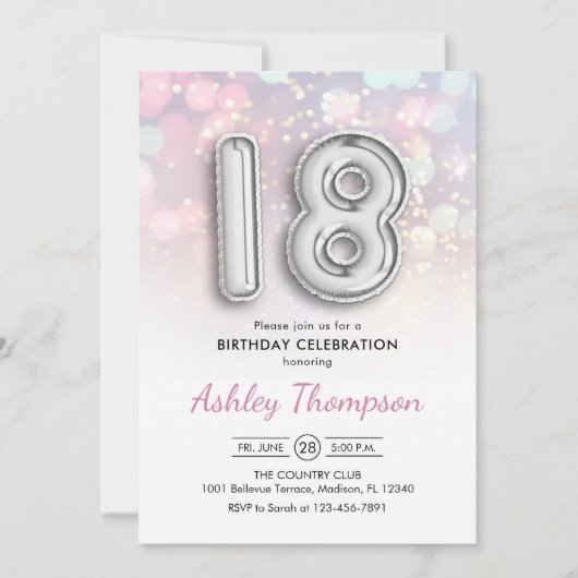 18誕生日 – シルバー風船ピンクライト 招待状 (正面)