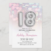 18誕生日 – シルバー風船ピンクライト 招待状 (正面/裏面)