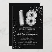 18誕生日 – シルバー・バルーン黒 招待状 (正面/裏面)