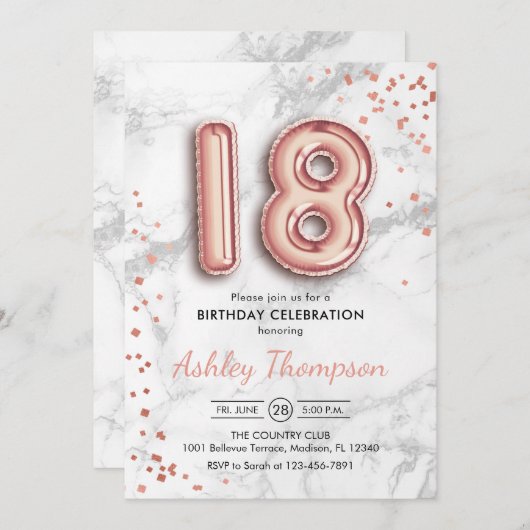 18誕生日-バラ金ゴールドバルーン大理石効果 招待状 (正面/裏面)