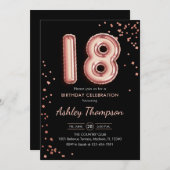 18誕生日-バラ金ゴールドバルーン黒 招待状 (正面/裏面)